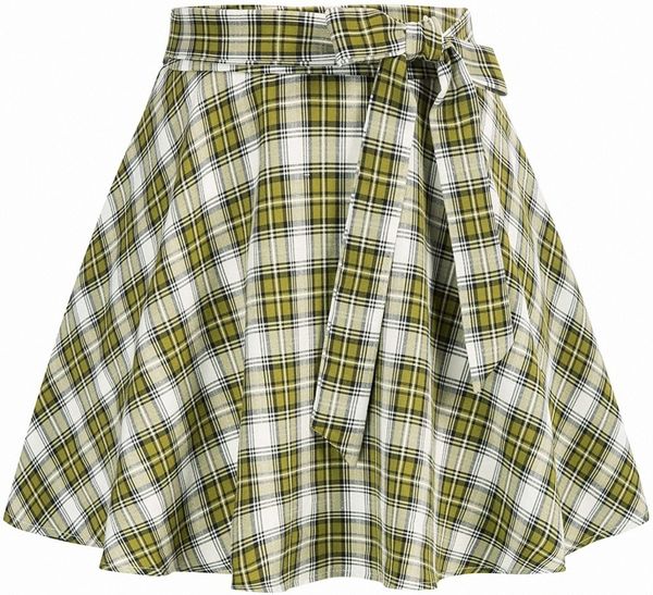 

women's plaid skirt a-line flared high waisted skirt with pockets o46g#, Black