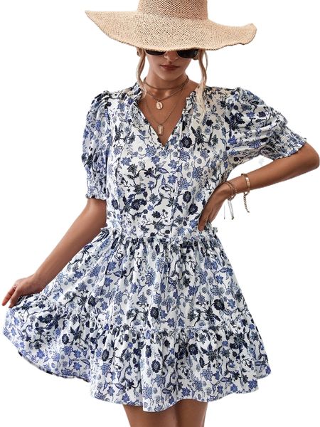 

random floral print shirred puff sleeve tie neck ruffle hem dress s8xj#, Black;gray
