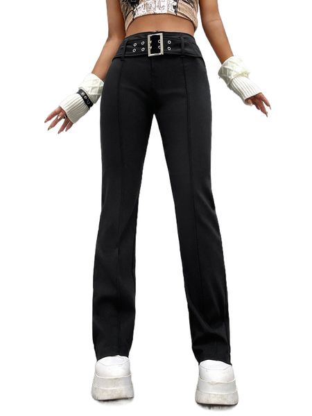 

solid flare leg buckle belt pants n9jw#, Black;white