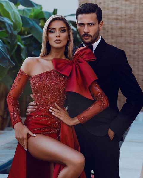 

hi-low red elegant prom dresses sequined bow long sleeves evening dress custom made floor length vintage party gown, Black;red