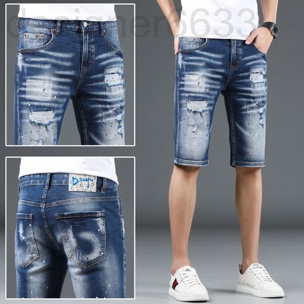 

men's jeans designer a summer thin denim shorts capris hong kong printed scratched trousers breeches pjno, Blue