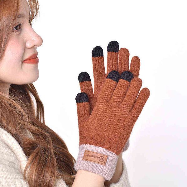 

winter touch screen knitted full finger gloves women young students riding ski hand warmer glove female outdoor mittens g091 t220730, Blue;gray