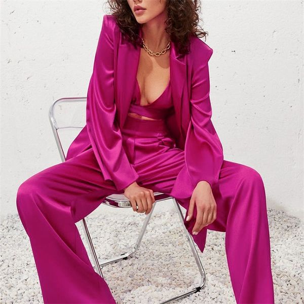 

women solid satin three piece set elegant loose long sleeve coat female casual office high waist wide leg vintage pant suit 220810, White