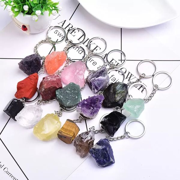 

natural orm rough stone quartz keychain ring for women men handbag hangle car key holder raw mineral stones keyring jewelry, Silver