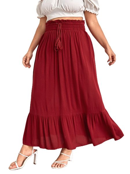 

plus drawstring paperbag waist ruffle hem skirt b3ll#, Black