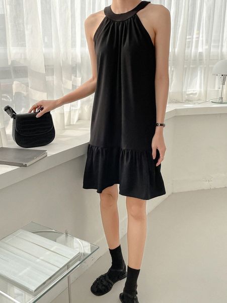 

dazy halterneck ruffle hem smock dress z1gs#, Black;gray
