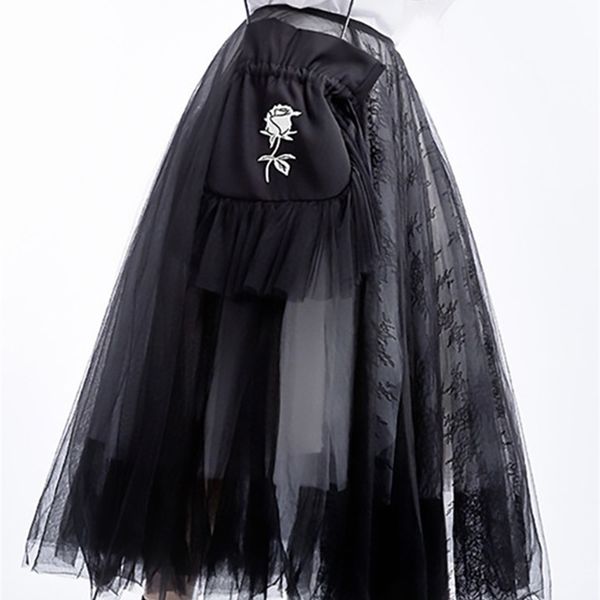 

[eam] spring summer high waist black 5 layers mesh stitc temperament half-body skirt women fashion jt136 220317