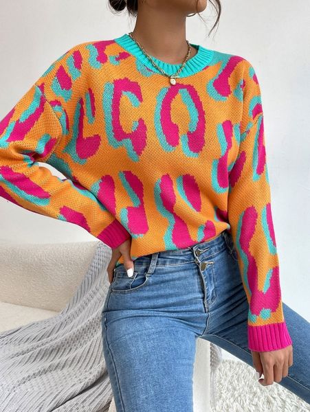 

graphic pattern drop shoulder contrast trim sweater 74df#, White;black