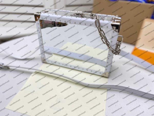 

m20233 handle trunk women bag luxury designer rivet clear transparent boxy shape box messenger purse canvas print carry handbag shoulderbag