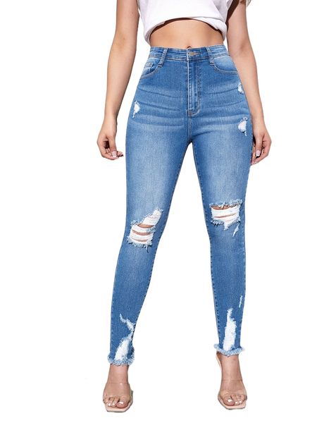 

high waisted ripped raw hem skinny jeans n37m#, Blue