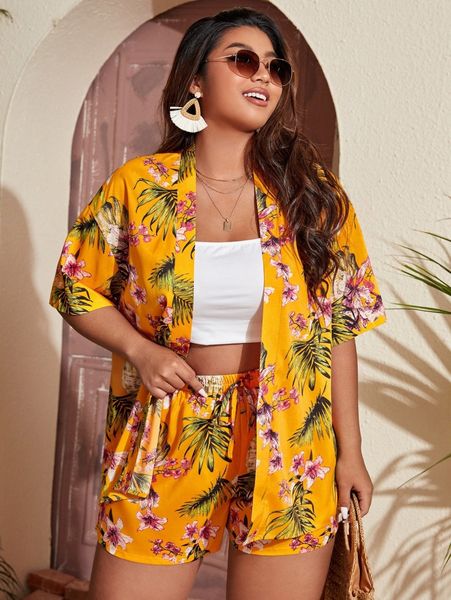 

plus tropical print drop shoulder with shorts i44y#, Black