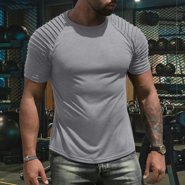 T-shirt da uomo T-shirt casual slim manica corta da uomo O collo Basic Arm Pieghettato Allenamento muscolare Top Camicie tinta unita da uomo