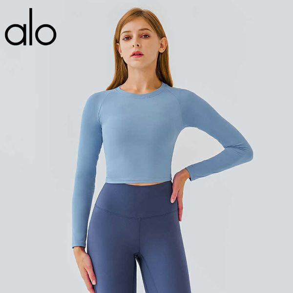 

alo yoga nude short sports long sleeve women's fashion round neck slim stretch fitness t-shirt