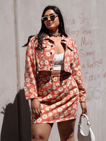 

plus allover floral print flap pocket crop denim jacket & skirt c4oc#, White