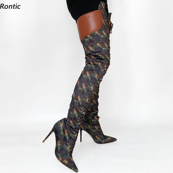 Rontic handgefertigte Damen-Winter-Oberschenkelstiefel mit Reißverschluss, Stiletto-High-Heels, spitzer Zehenbereich, hübsche Camouflage-Cosplay-Schuhe, US-Größe 5–15