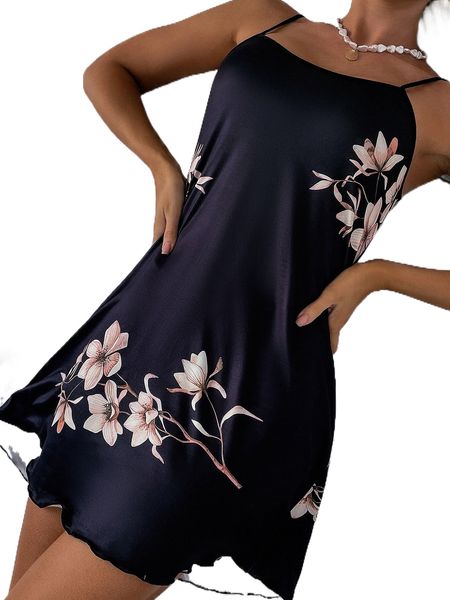 

floral print lettuce trim slip nightdress 94yu#, Black;red