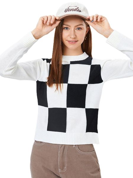 

mock neck checked sweater j24d#, White;black