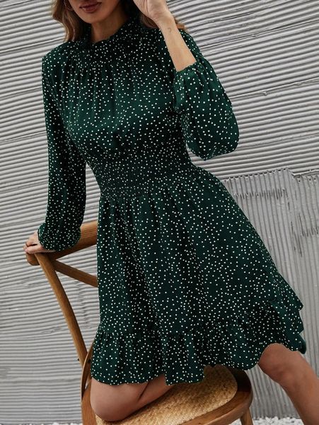 

polka dot lantern sleeve ruffle hem dress h9e2#, Black;gray