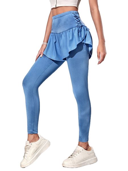 

lace-up side ruffle trim 2 in 1 leggings 86qs#, White;black