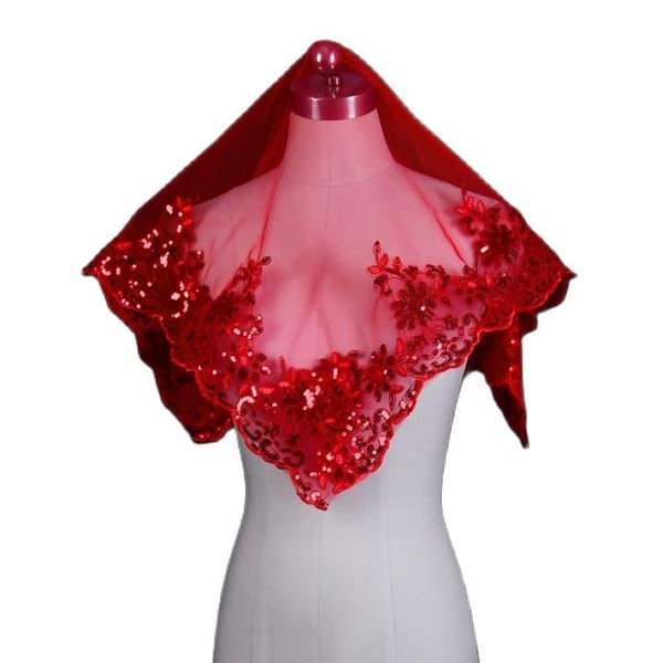 Véias de noiva V88 100% artesanal véu de casamento chinês Red Hijab Especial Bordado de renda Apliques Apliques Hair Acessórios
