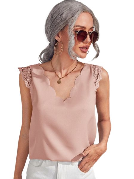 

v-neck scallop edge lace detail a0z9#, White