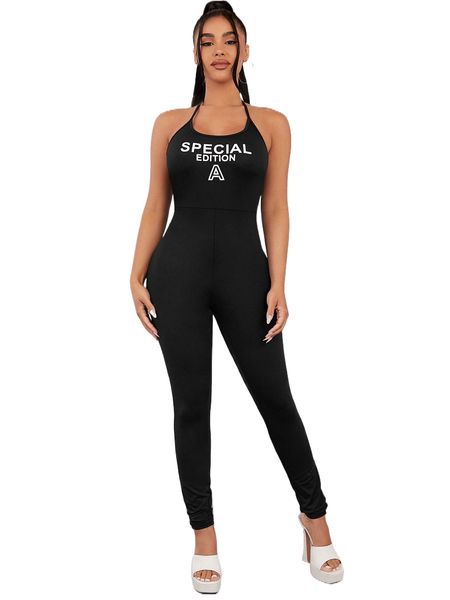 

sxy letter graphic tie backless unitard halter jumpsuit c1pm#, Black;white