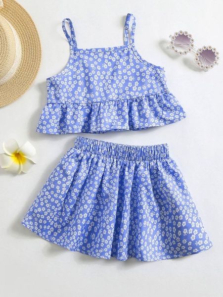 

toddler girls ditsy floral ruffle hem cami & flare skirt she, White