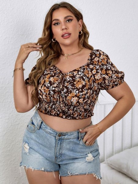 

plus allover floral print shirred tie front crop blouse i6eq#, Black