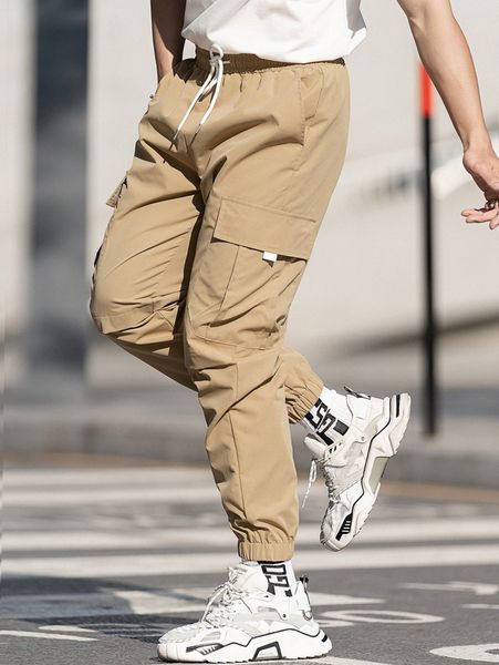 

men letter patch detail flap pocket side drawstring waist cargo pants 221t#, Black