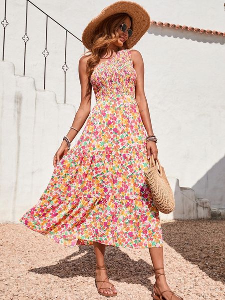 

one shoulder shirred bodice allover floral dress j34f#, Black;gray