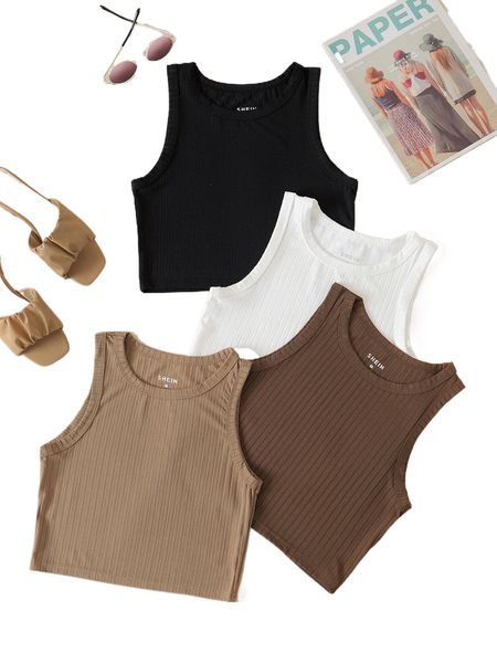 

4pcs solid ribbed crop tank f9gz#, White
