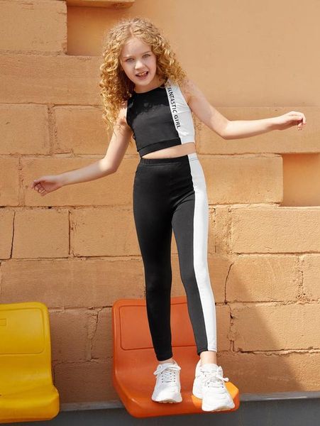 

girls letter graphic colorblock tank & leggings set she, White
