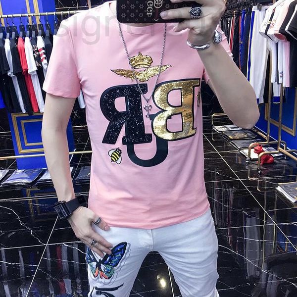 

men's t-shirts designer drill short sleeve t-shirt men's fashion brand trend personality 2022 summer new round neck half t-shirt e, White;black