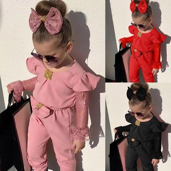 Abiti da ragazza 4 # Toddler Baby Abbigliamento per bambini Ragazze Pizzo Flare Sleeve Bow Tuta Pagliaccetto Long Tops Fasce per capelli Set 6m-5y Vetement FilleGirl's