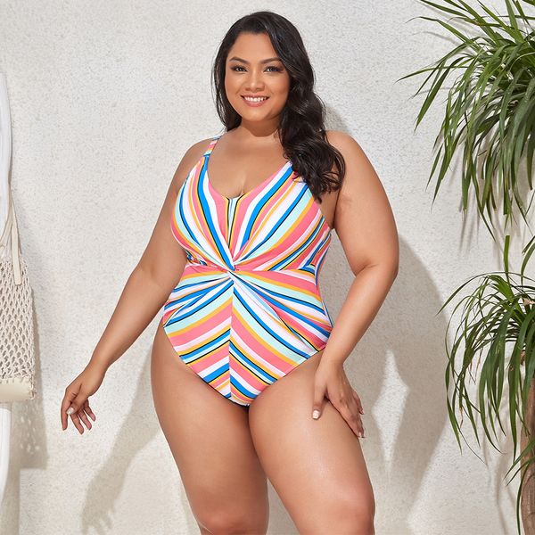 Momento sexy moda de banho de banho de banho de banho de natação de praia siamesa azul rosa rosa Multi-Color Stripe de uma peça Plus Size sem sutiã Suporte suporta de verão biquínis