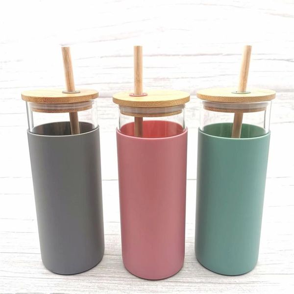 

16oz glass mug juice cup milk mugs with silicone sleeve bamboo and straw enviroment-friendly novelty tumbler wine bottle office car panda dr