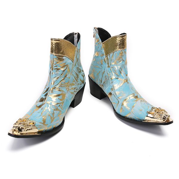 Moda Luxo Azul Dourado Couro Genuíno Botas De Cobra De Tornozelo Masculino Italiano Negócios Vestido Sapato De Dedo Apontado Botas De Cowboy