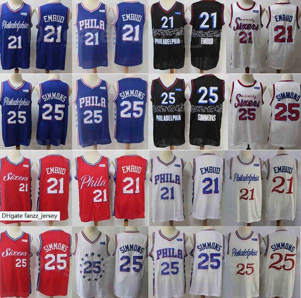 

men basketball joel embiid jersey 21 ben simmons 25 all stitched blue white red black team color quality, Black;red
