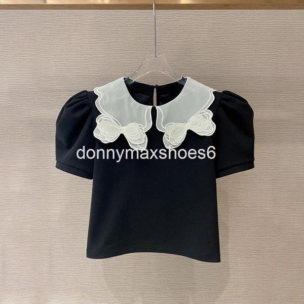 

women's t-shirt special design embroidered bow neck bubble sleeve t-shirt sweet age reducing versatile thin women, White