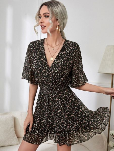 

ditsy floral flounce sleeve dress u8xi#, Black;gray