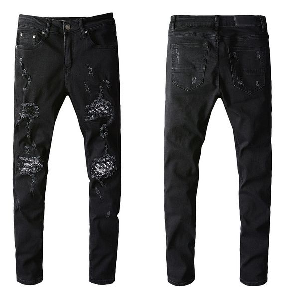 

black jeans for big man denim mens skinny biker slim knee ripped rock distressed regular motorcycle patchwork fit street trendy long straigh, Blue