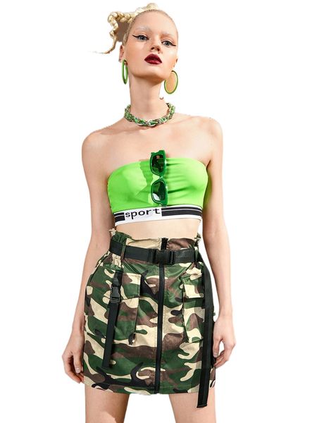 

camo print zipper fly paperbag waist push buckle belted skirt w9wh#, Black