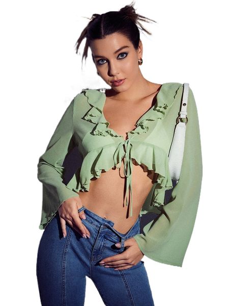 

ruffle trim trumpet sleeve knot front crop blouse without bra 0121#, White