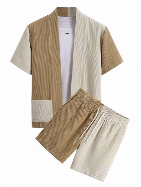 

men two tone kimono & drawstring waist shorts without tee k7og#, Gray