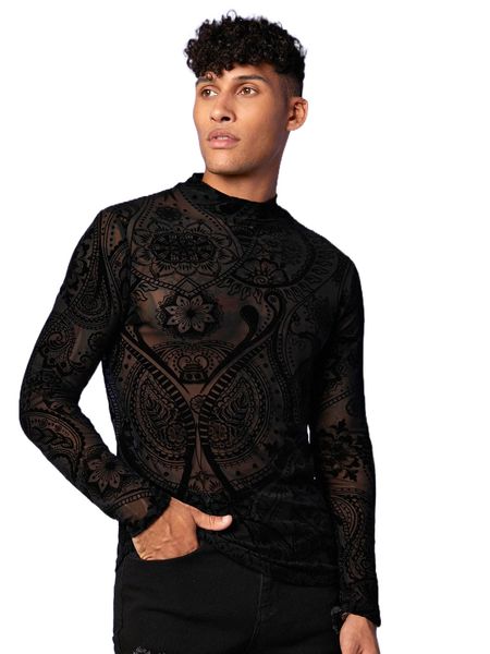 

men floral & plants print mock neck sheer tee l5hc#, White;black