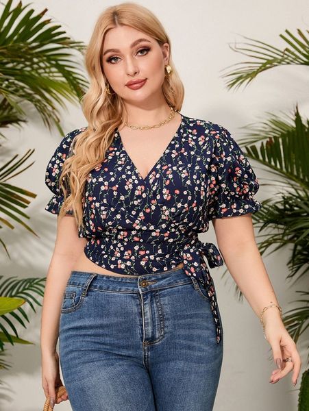 

plus ditsy floral knot side wrap crop blouse m2bg#, Black