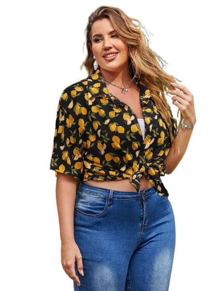 

plus allover lemon print shirt q9is#, Black