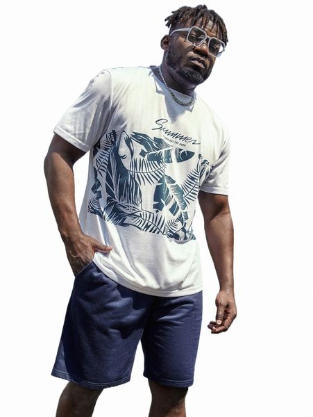 

extended sizes men tropical print tee & slant pocket shorts o2co#, Gray
