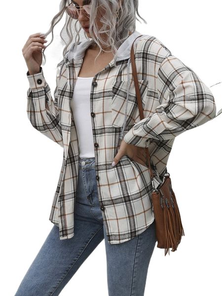 

plaid print drop shoulder drawstring hooded coat i8ca#, Black