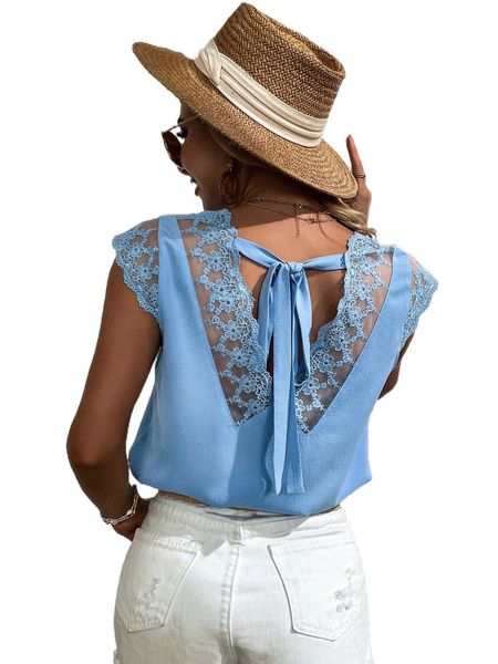 

embroidery mesh scallop trim tie back blouse i3v7#, White
